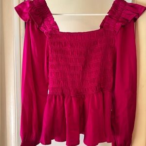 Umgee Pink Smocked Ruffled Peplum Blouse